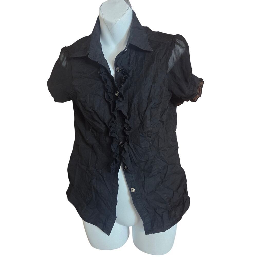 Madknits Black Ruffle Button Up Blouse Size L Sheer Sleeve